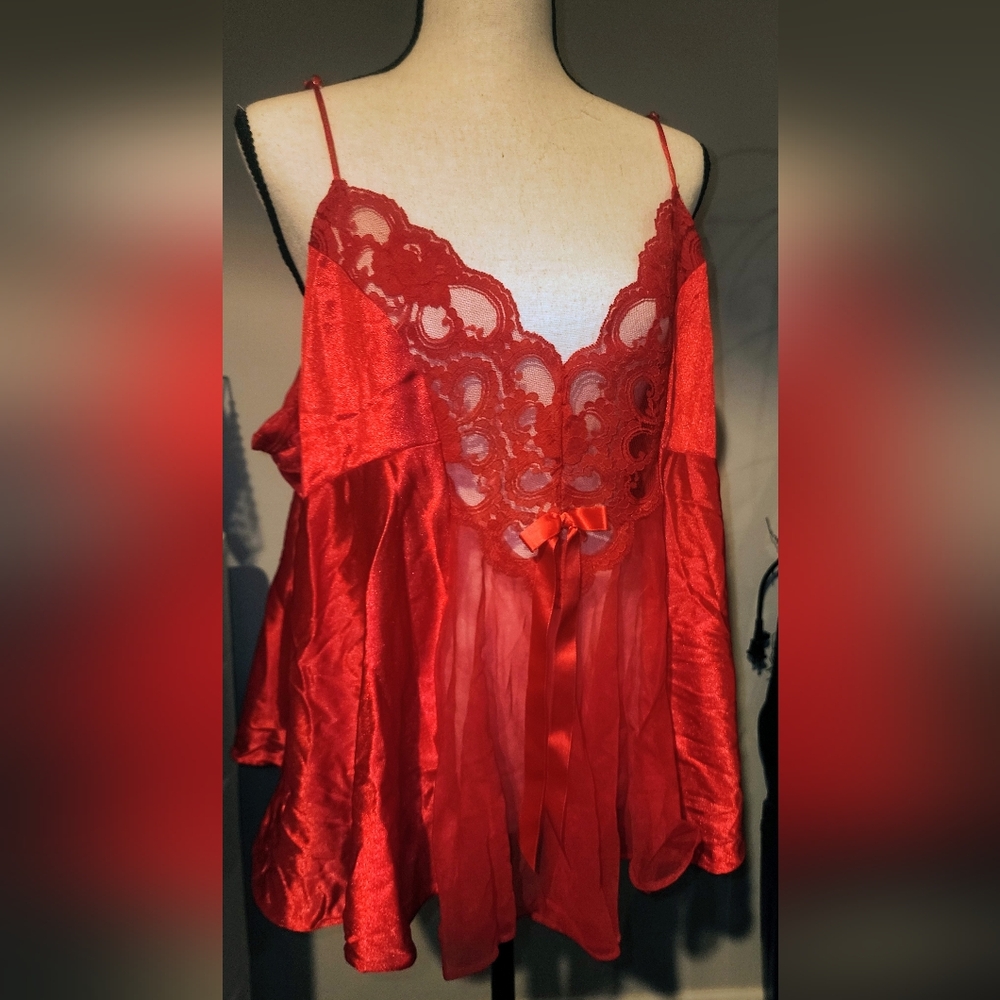 Vintage Adonna Woman Red Semi Sheer Lace Babydoll Lingerie Nightie M